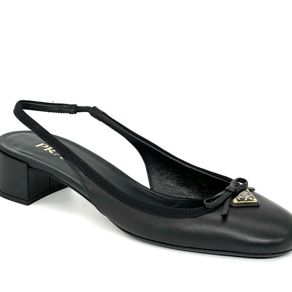 PRADA Triangle Logo Bow Leather Slingback Ballerina Pumps Heels Sandals - Picture 13 of 16